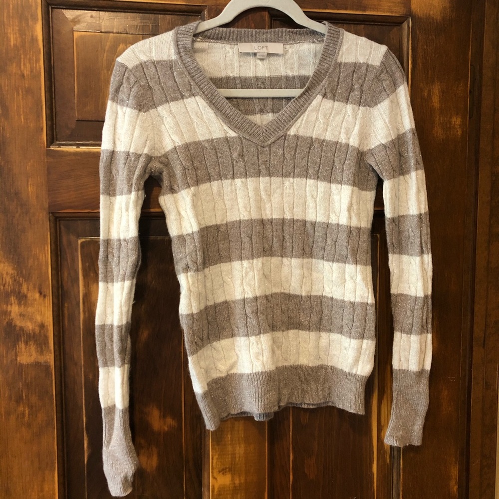 LOFT Light Brown and Cream Striped Wool Sweater